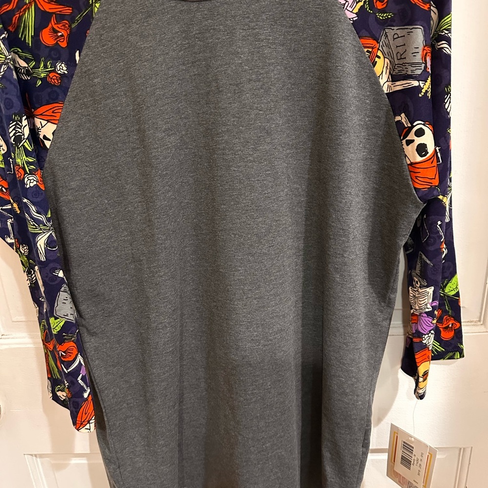 LuLaRoe Gray Shirt with Colorful Patterned Sleeves- Halloween 🎃